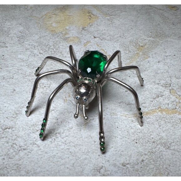 Vintage 1920s Large Spider Green Crystal and Stone Figural Brooch Pin - Picture 2 of 11